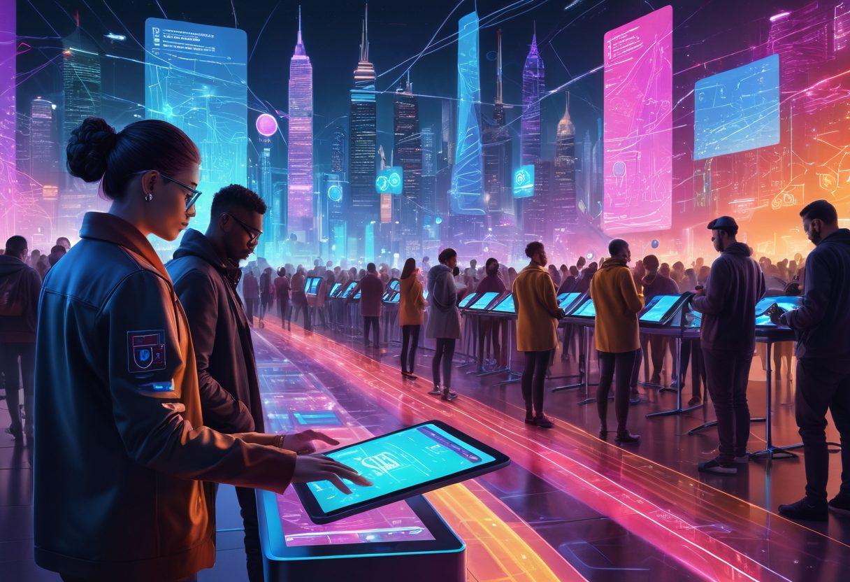 A futuristic digital landscape showcasing diverse voters casting their ballots online using tablets and smartphones, surrounded by visual elements of data streams and vibrant voting symbols. In the background, a holographic representation of a democratic city, symbolizing unity and progress, with diverse people engaged in discussions. Bright colors with an emphasis on technology and inclusivity. cyberpunk style. vibrant colors.