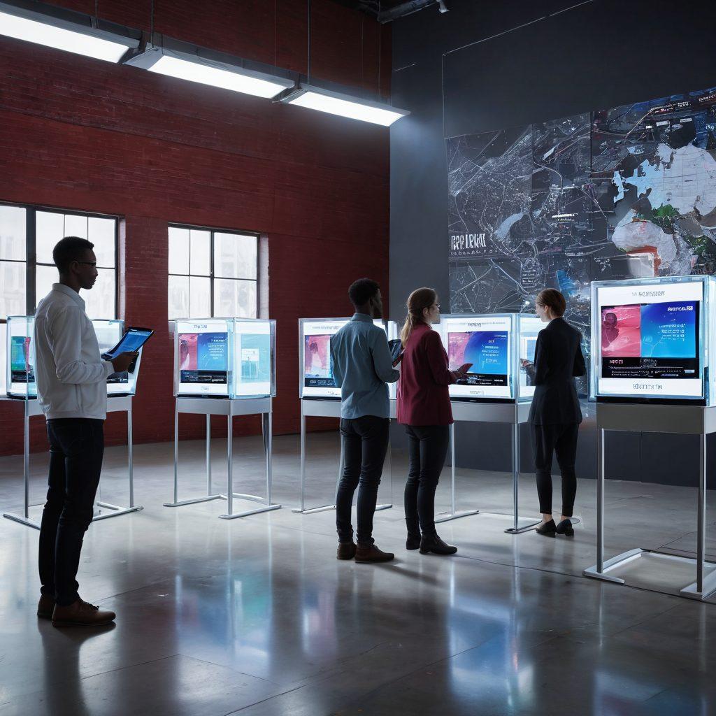 A dynamic scene showing a diverse group of voters interacting with a futuristic polling station, where technology meets tradition. Include elements like digital screens displaying real-time voting results, a holographic ballot box, and people using tablets to cast their votes. The surrounding environment showcases a blend of urban and rural landscapes, representing widespread electoral engagement. Highlight vibrant colors to symbolize excitement and participation in democracy. super-realistic. vibrant colors. urban setting.